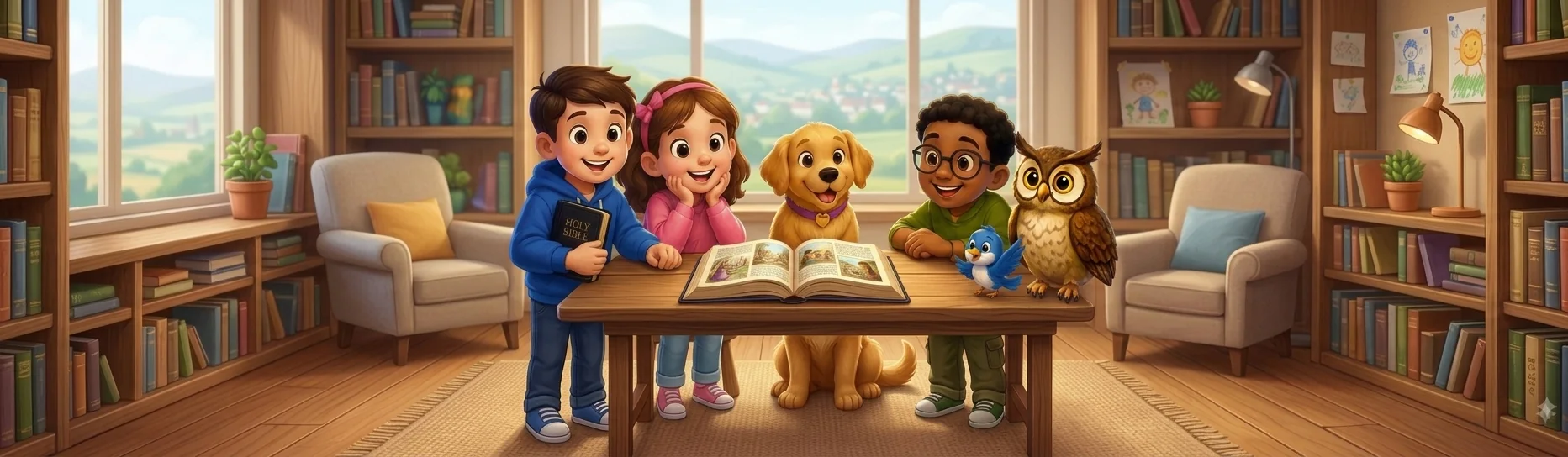 Joel, Lily, Goldie, Oliver, and Bluebird around a table with an open picture Bible
