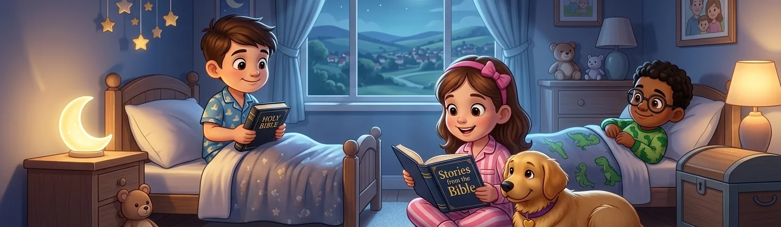 Three children in pajamas reading in a lamp lit bedroom, with Goldie curled up beside them and a crescent moon in the window