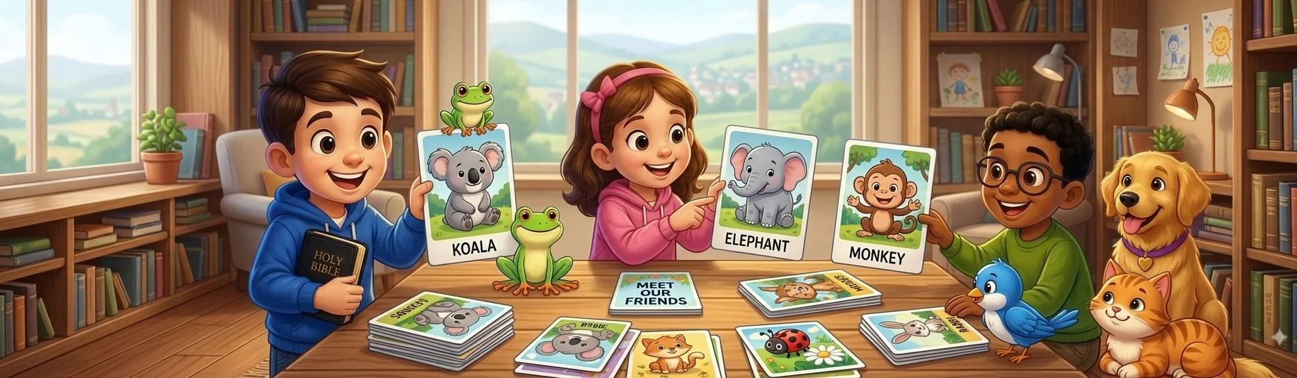 Children at a table holding up picture cards, with a Meet Our Friends card between them