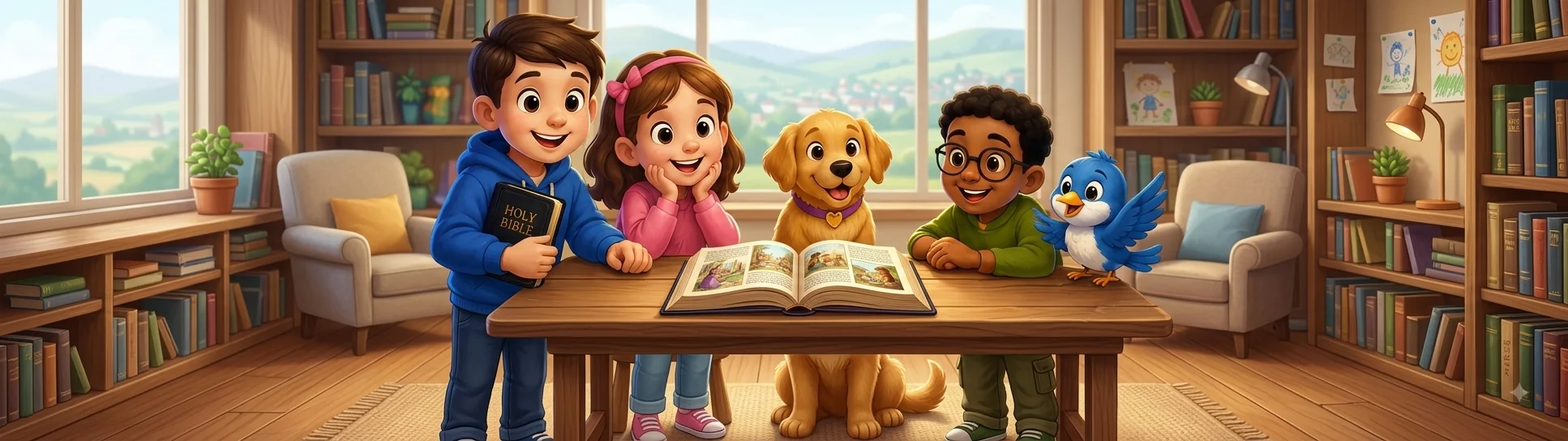 Children reading together with Goldie the puppy and Bluebird