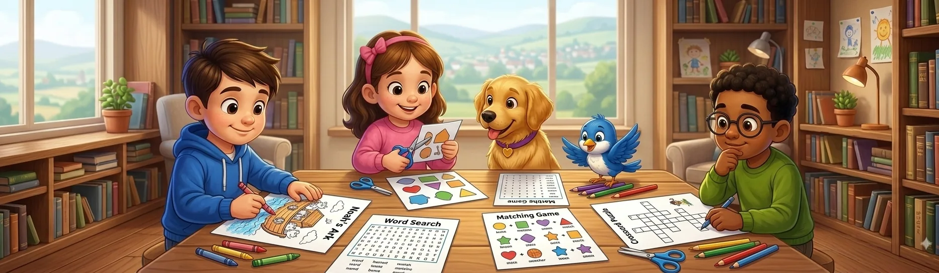 Children at a table with a coloring page, a word search, and a matching game