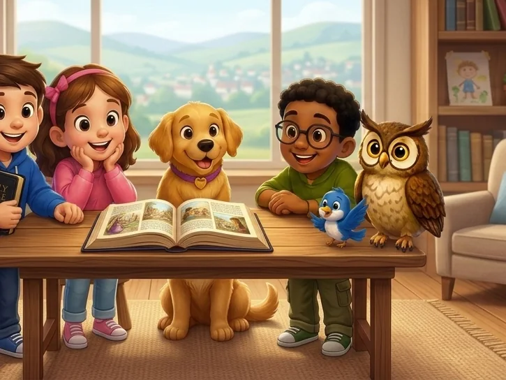 Lily, Goldie, Bluebird, and Oliver around an open picture Bible