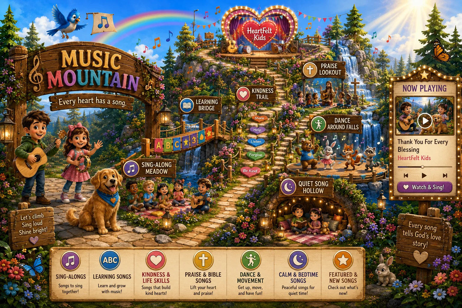A painted map of Music Mountain. Children and Goldie the puppy stand under a wooden Music Mountain arch that reads, every heart has a song. Paths lead up past Sing-Along Meadow, Learning Bridge, Kindness Trail, Praise Lookout, Dance Around Falls, and Quiet Song Hollow.