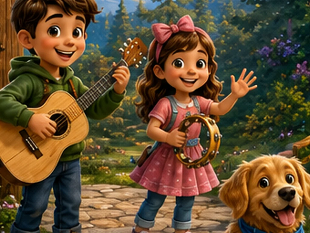 Joel playing guitar and Lily with a tambourine, with Goldie beside them